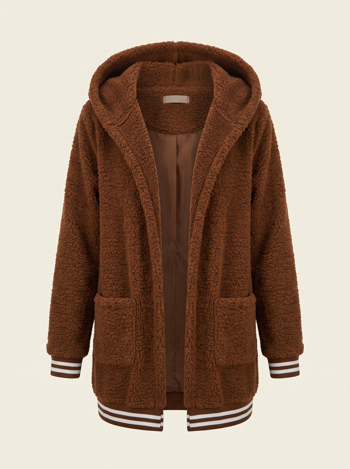 Women's Long Faux Fur Coat with Hood – Brown – front packshot