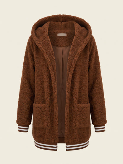 Women's Long Faux Fur Coat with Hood – Brown – front packshot