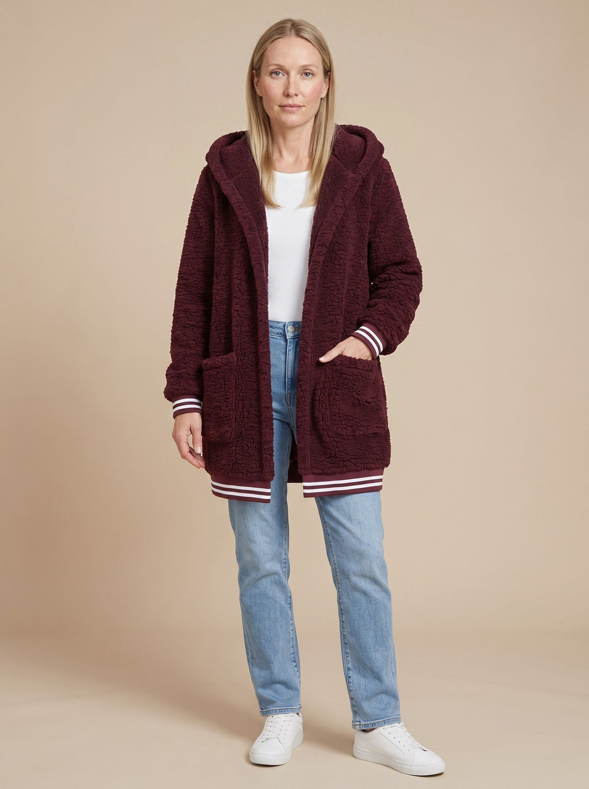 Women's Long Faux Fur Coat with Hood – Burgundy – on model