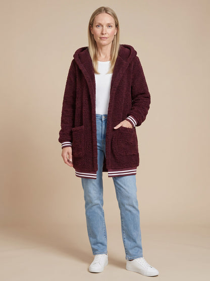 Women's Long Faux Fur Coat with Hood – Burgundy – on model