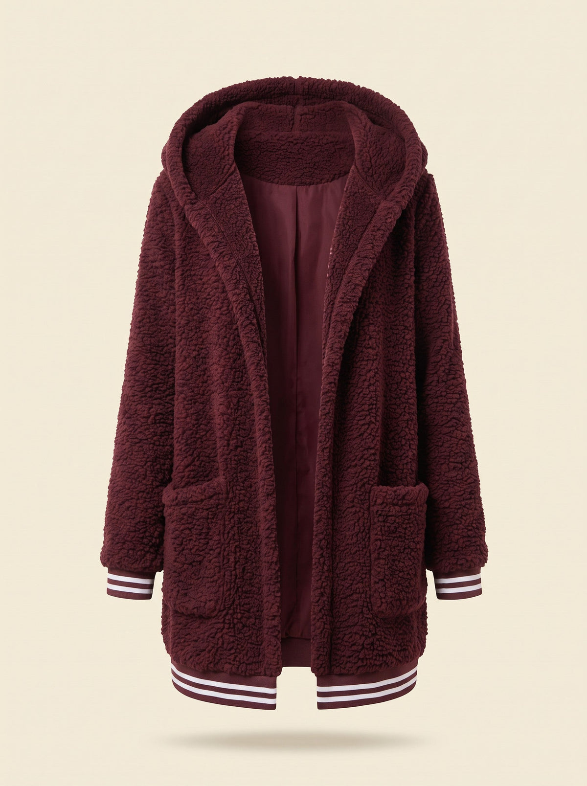 Women's Long Faux Fur Coat with Hood – Burgundy – front packshot