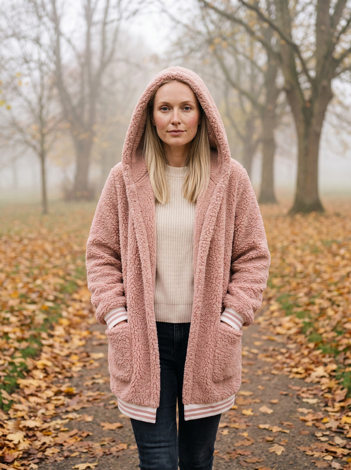 Women's Long Faux Fur Coat with Hood – Pink – hood up in an autumn park