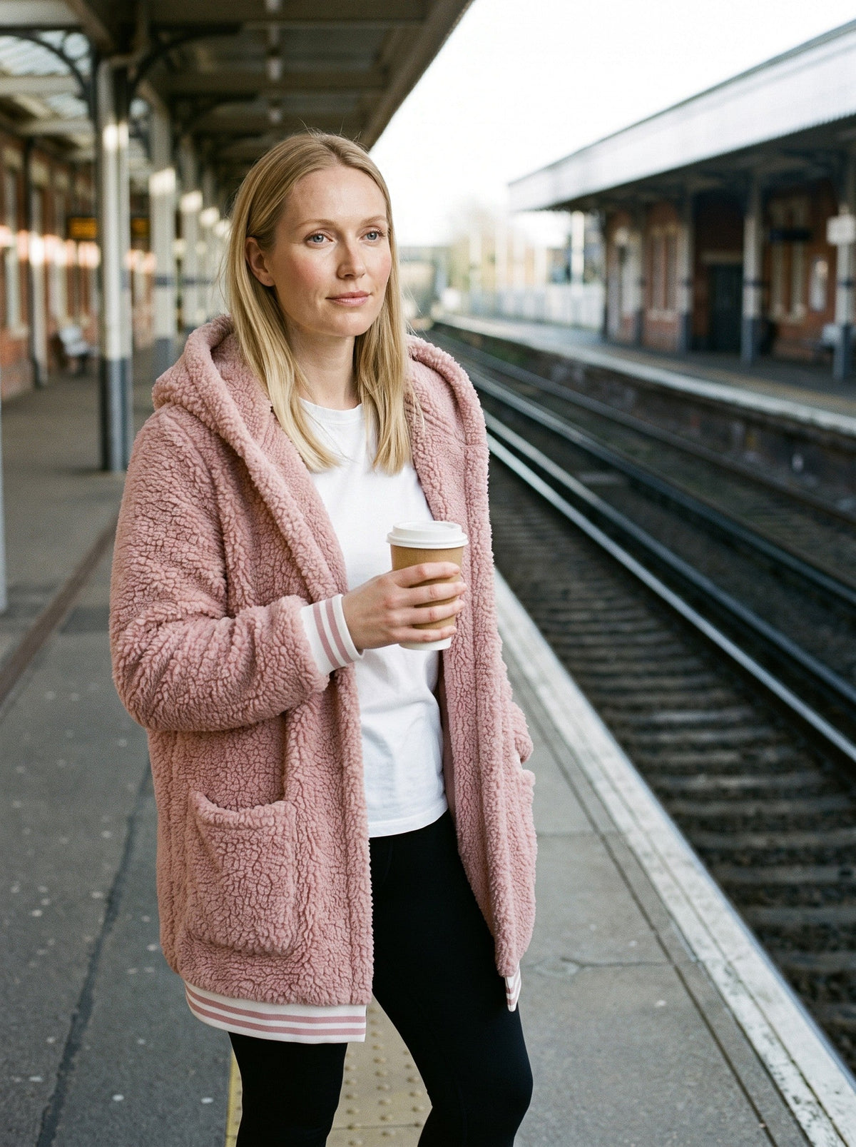 Women's Long Faux Fur Coat with Hood – Pink – winter station look