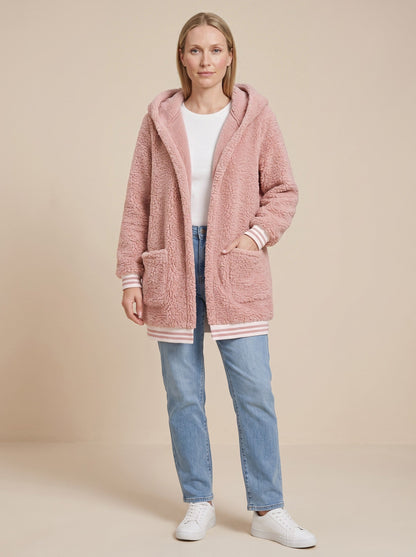 Women's Long Faux Fur Coat with Hood – Pink – on model