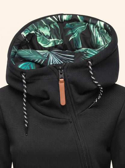 Women's Hooded Longline Zip-Up Jacket – Black – leaf-print lined hood detail