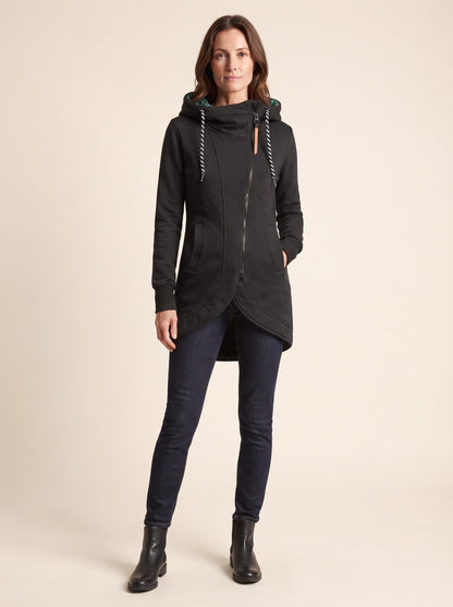 Women's Hooded Longline Zip-Up Jacket – Black – on model