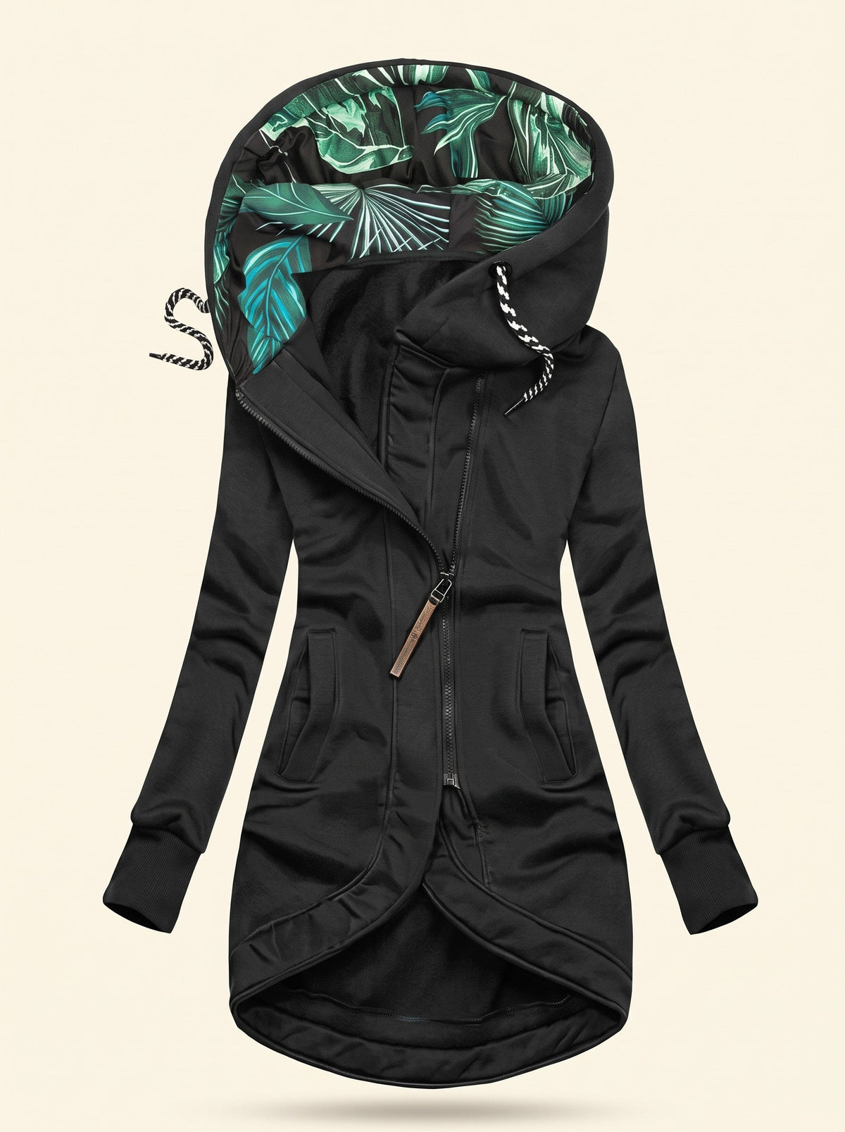 Women's Hooded Longline Zip-Up Jacket – Black – packshot