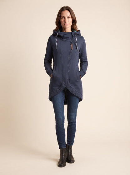 Women's Hooded Longline Zip-Up Jacket – Blue – on model