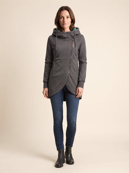 Women's Hooded Longline Zip-Up Jacket – Grey – on model