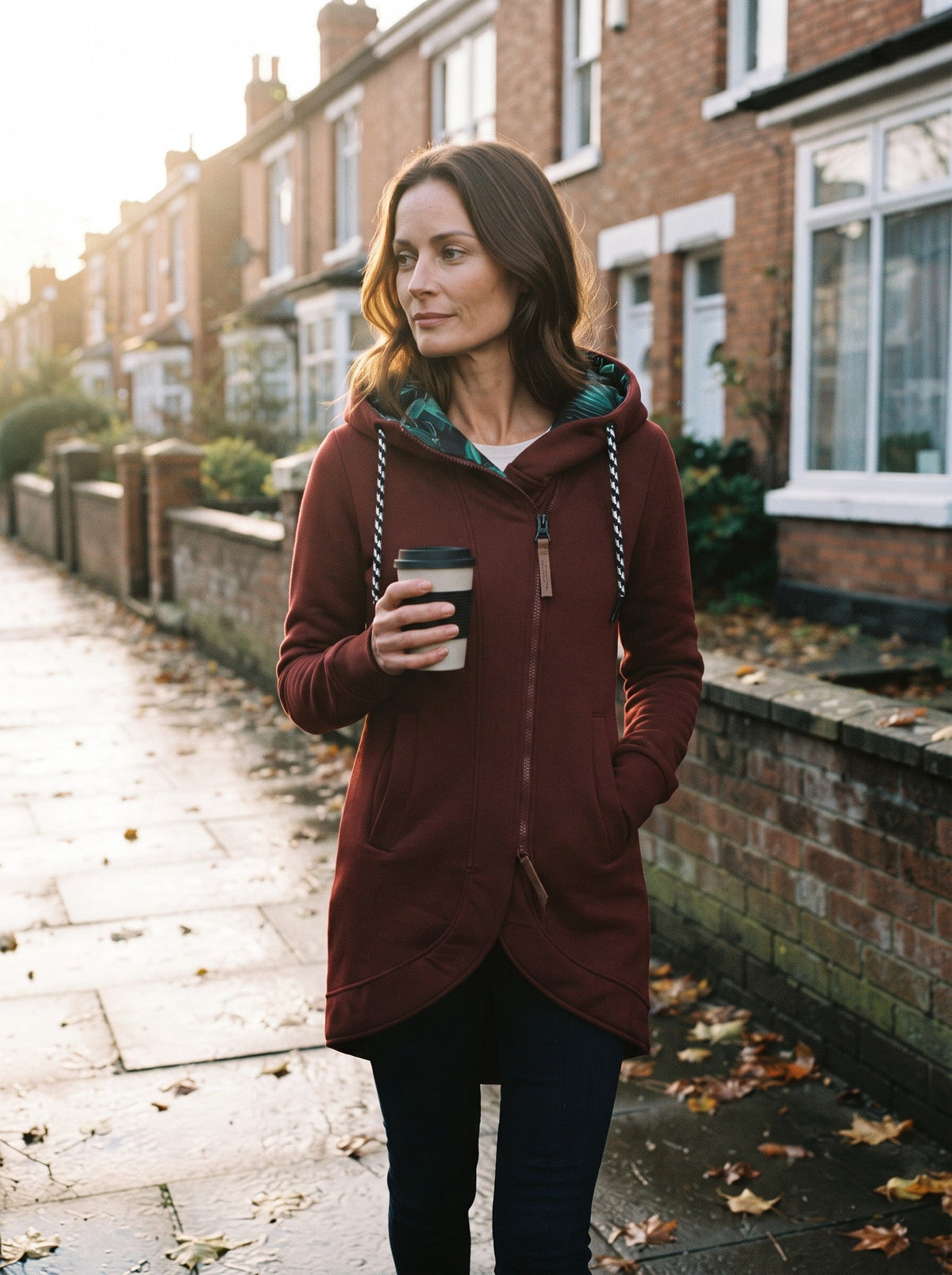 Women's Hooded Longline Zip-Up Jacket – Red – lifestyle street