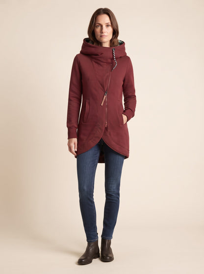 Women's Hooded Longline Zip-Up Jacket – Red – on model