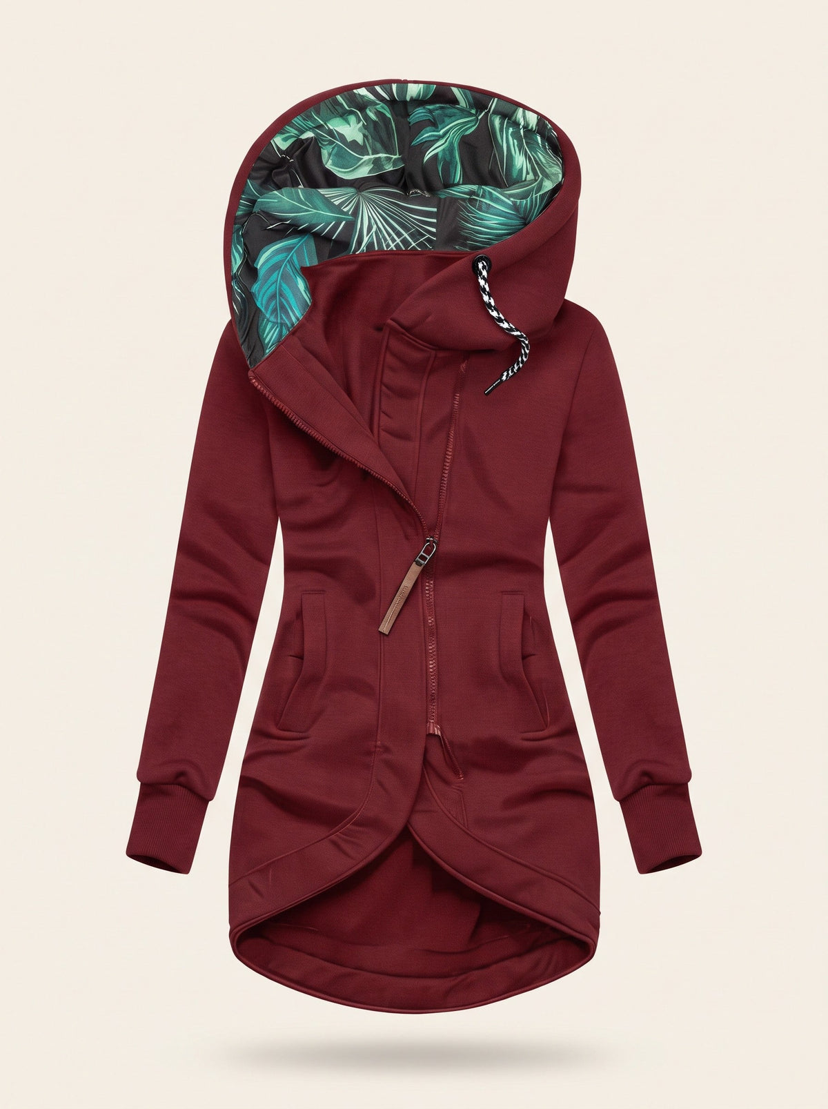 Women's Hooded Longline Zip-Up Jacket – Red – packshot