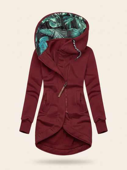 Women's Hooded Longline Zip-Up Jacket – Red – packshot