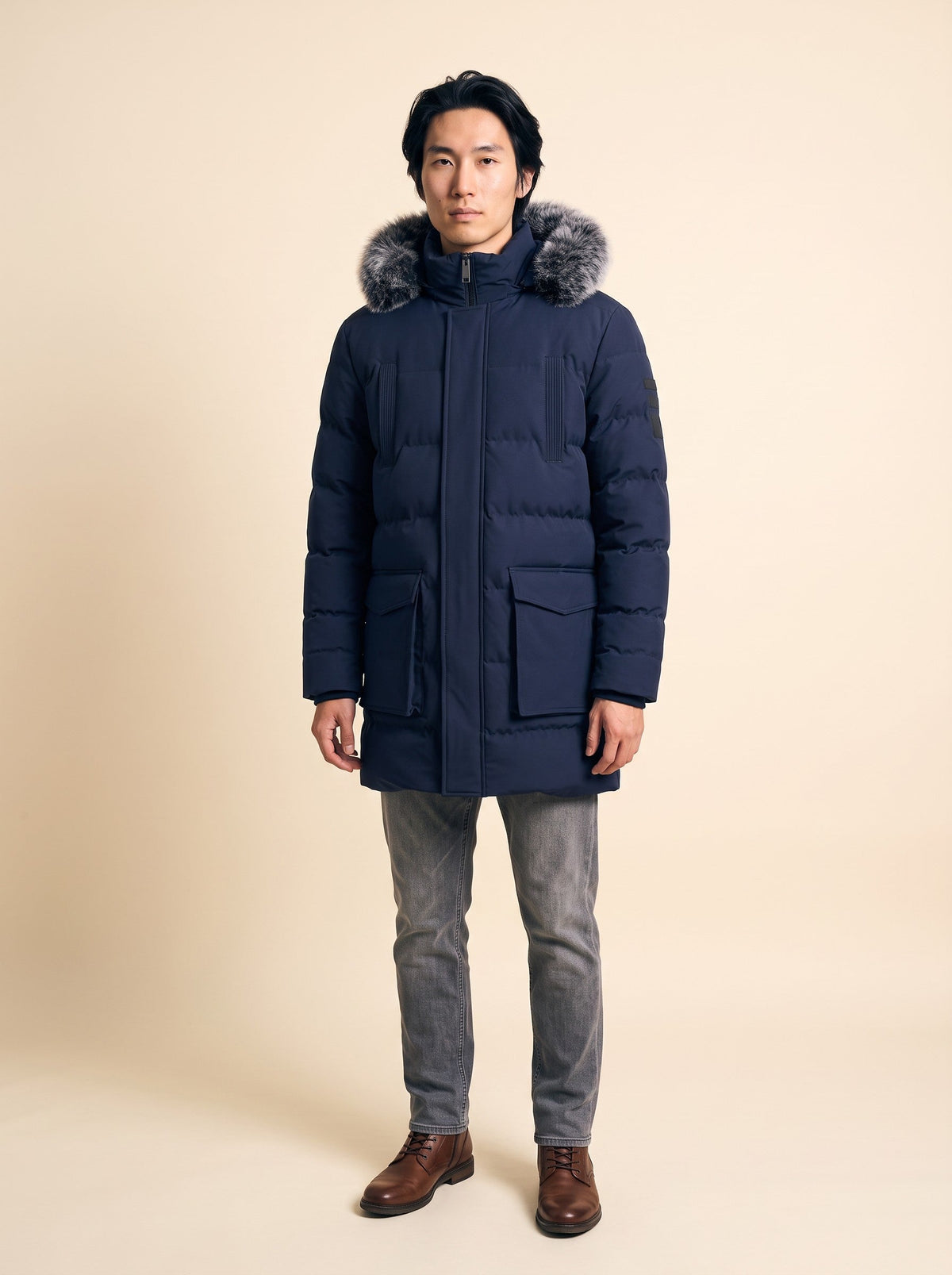 Men's Hooded Winter Parka – Blue – on model