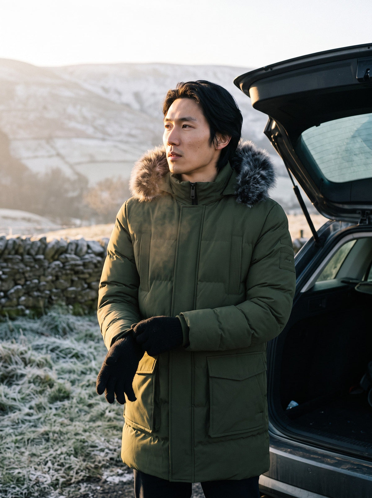 Men's Hooded Winter Parka – Army Green – frosty morning at a trailhead