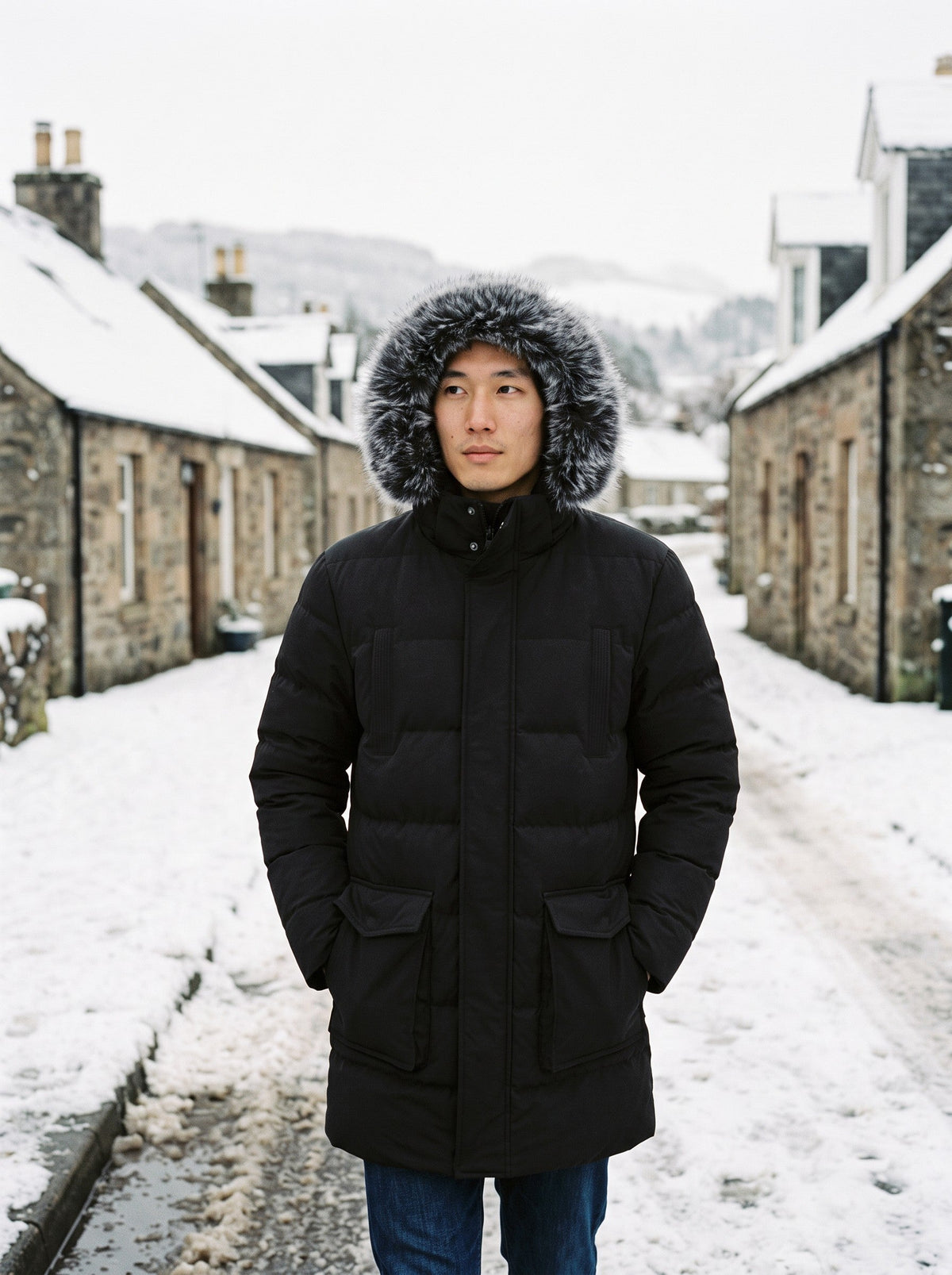 Men's Hooded Winter Parka – Black – hood up in a snowy village lane