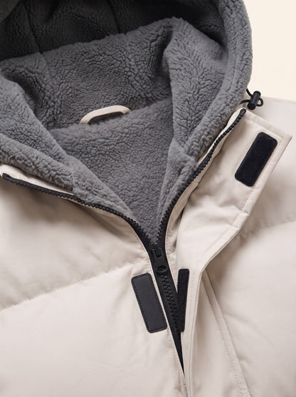 Men's Fleece Lined Hooded Puffer Jacket – Beige – fleece lined hood and press-stud placket close-up