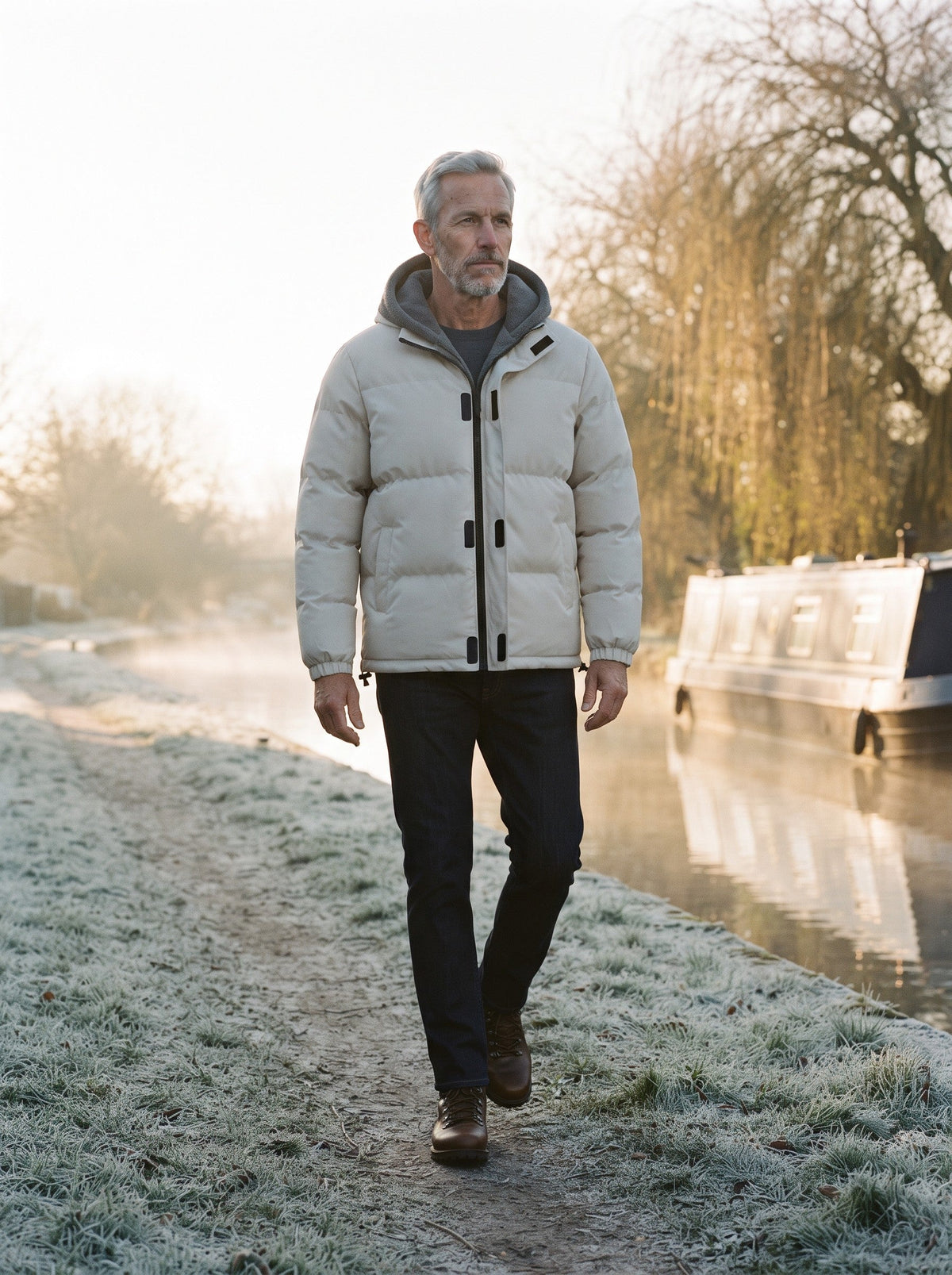 Men's Fleece Lined Hooded Puffer Jacket – Beige – on a frosty canal towpath walk