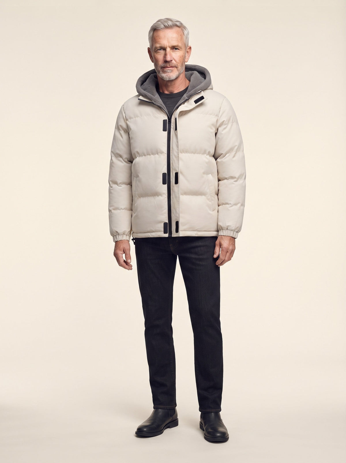 Men's Fleece Lined Hooded Puffer Jacket – Beige – on model, front