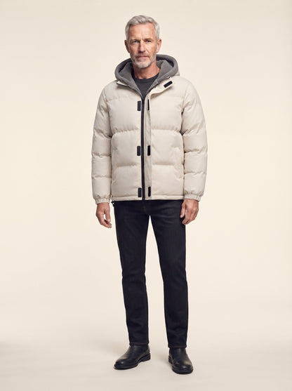 Men's Fleece Lined Hooded Puffer Jacket – Beige – on model, front