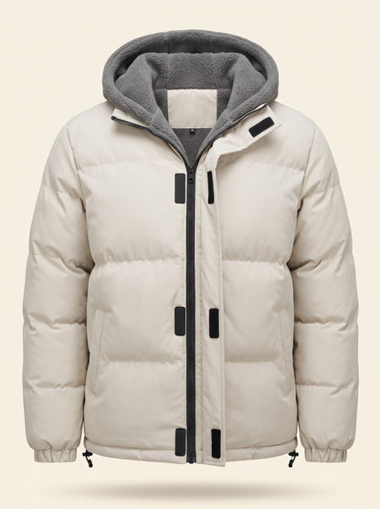Men's Fleece Lined Hooded Puffer Jacket – Beige – front packshot