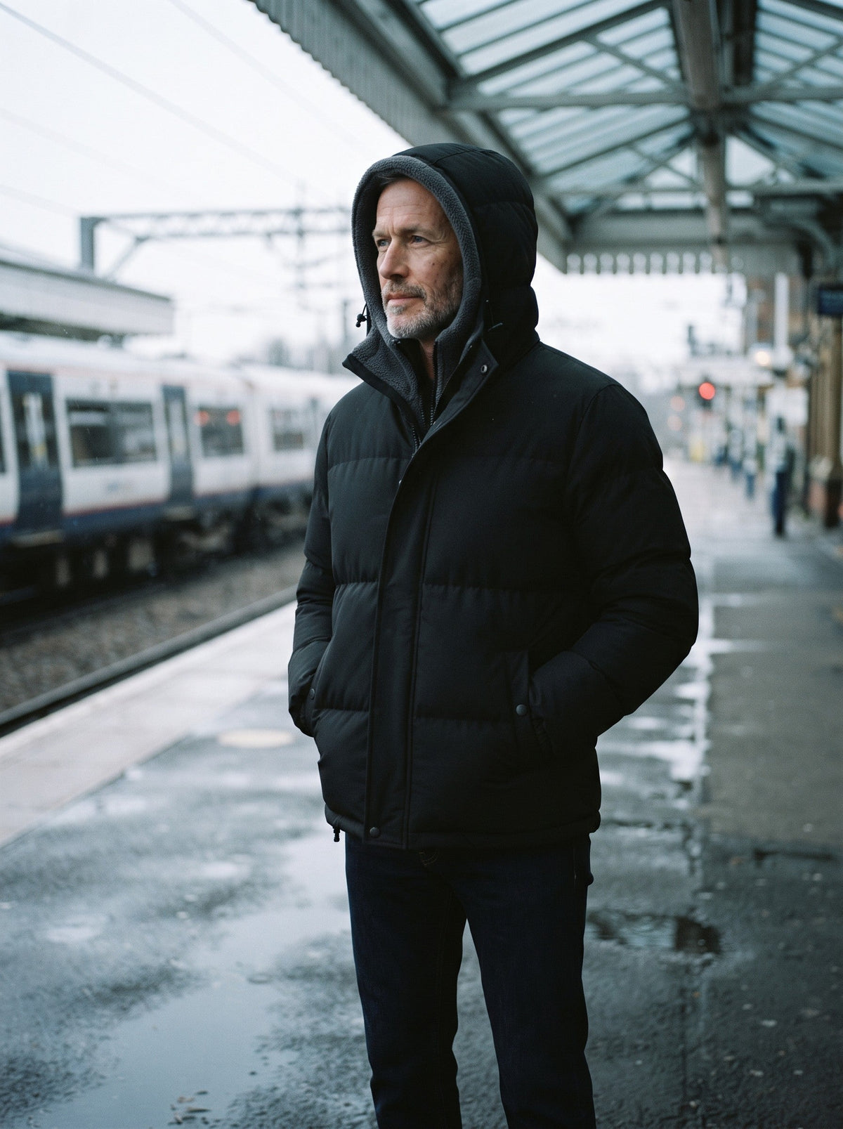 Men's Fleece Lined Hooded Puffer Jacket – Black – hood up on a railway platform