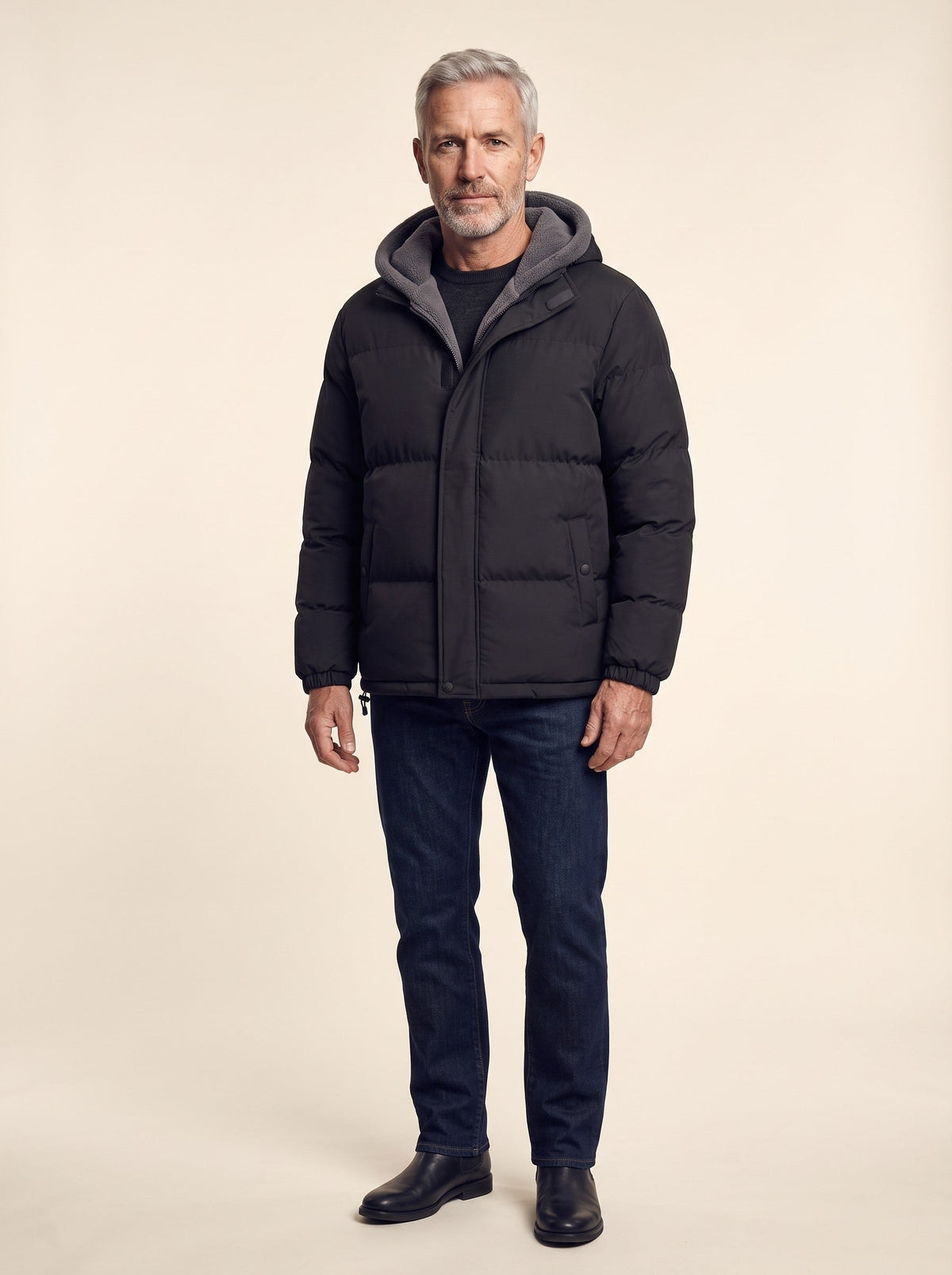 Men's Fleece Lined Hooded Puffer Jacket – Black – on model, front