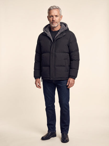 Men's Fleece Lined Hooded Puffer Jacket – Black – on model, front