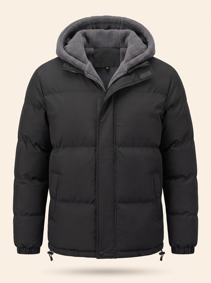 Men's Fleece Lined Hooded Puffer Jacket – Black – front packshot