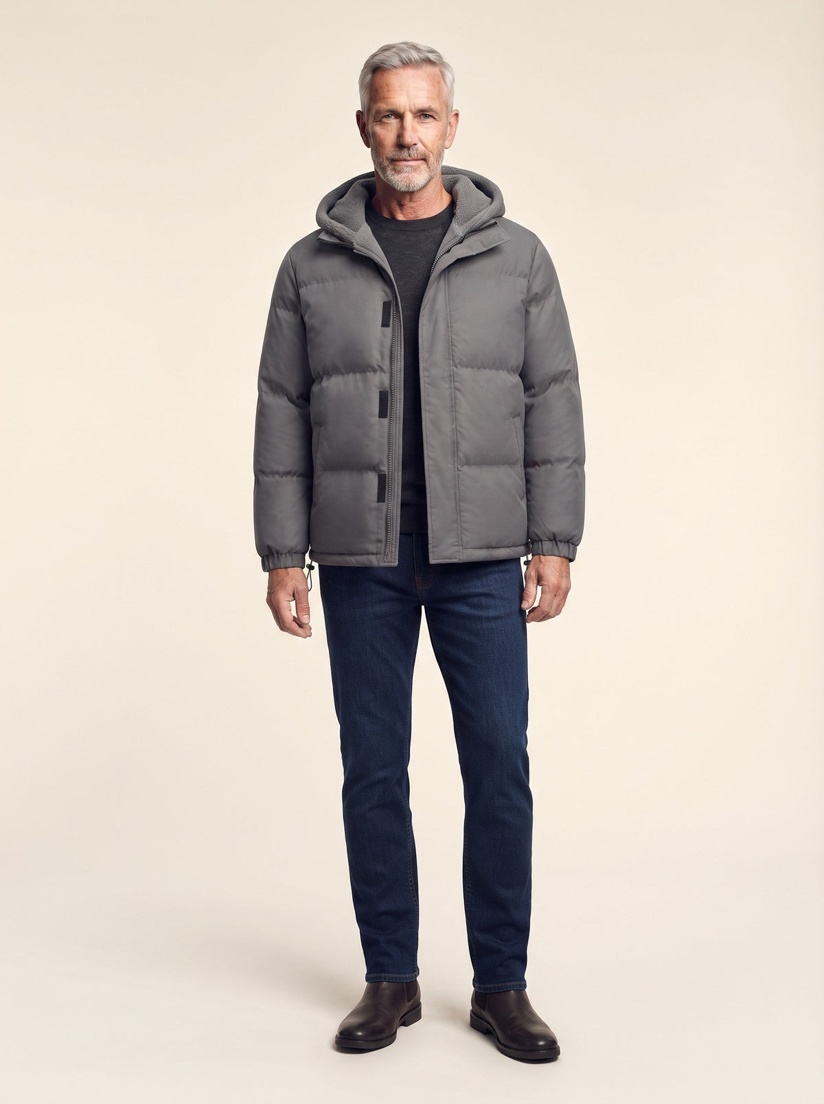 Men's Fleece Lined Hooded Puffer Jacket – Grey – on model, front