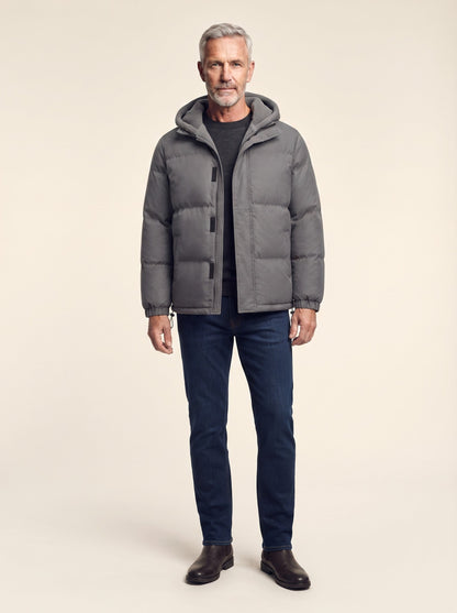 Men's Fleece Lined Hooded Puffer Jacket – Grey – on model, front