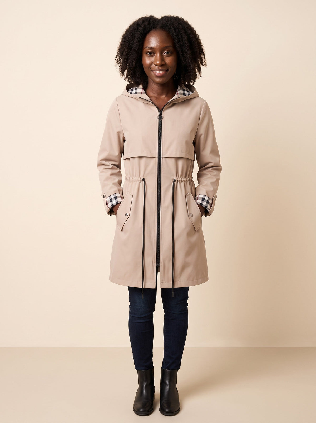 Women's Hooded Raincoat – Beige – model front