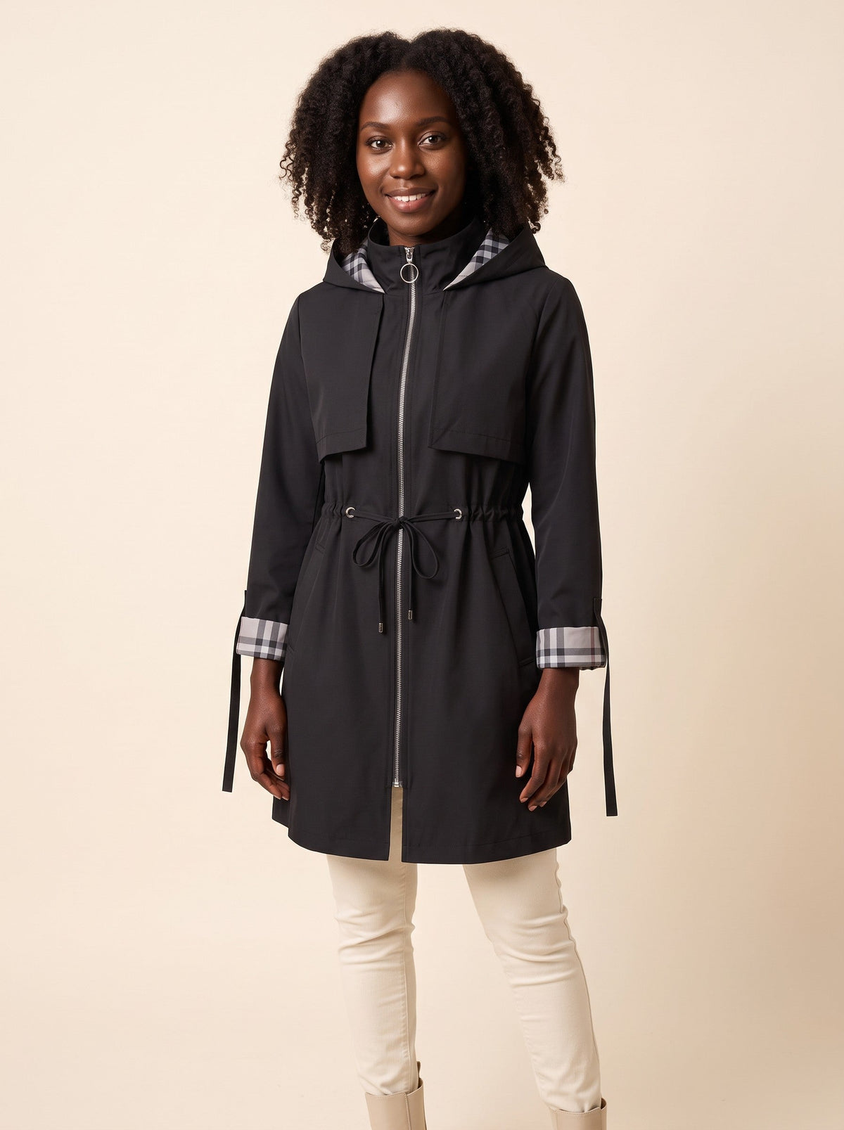 Women's Hooded Raincoat – Black – model front