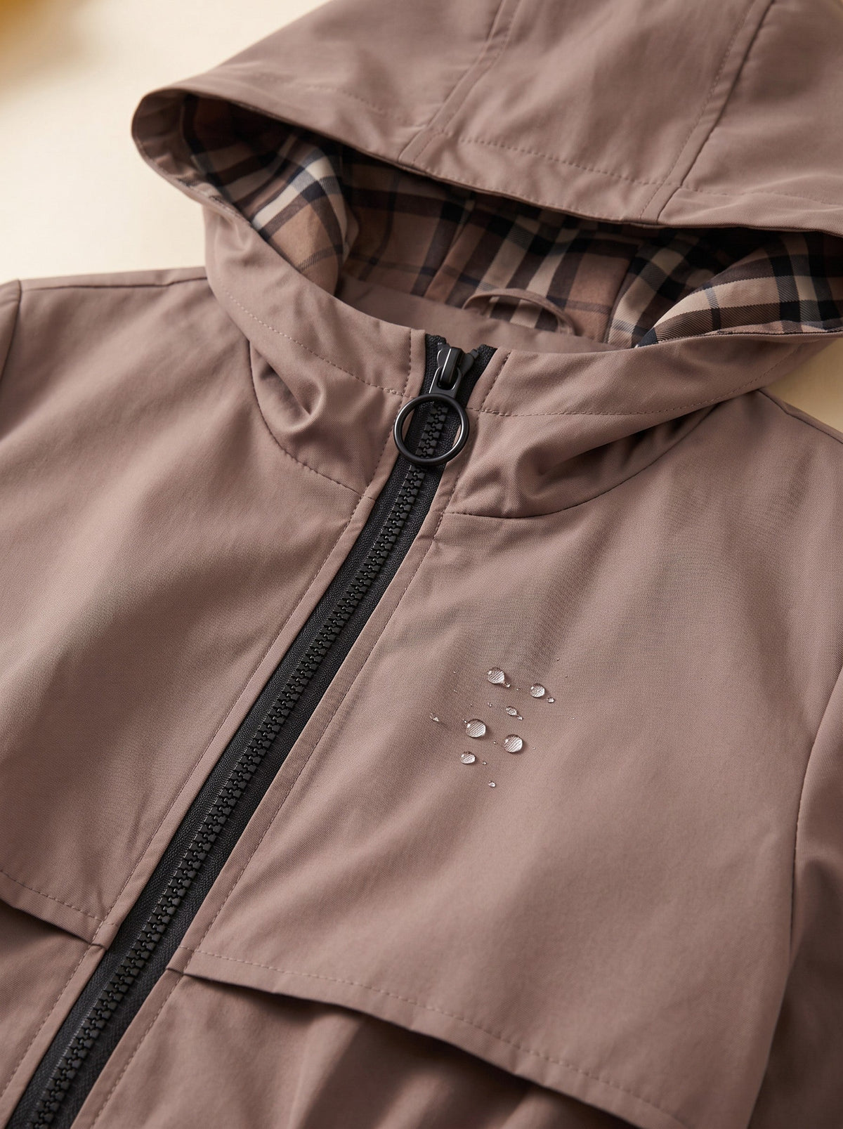Women's Hooded Raincoat – Brown – check-lined hood detail