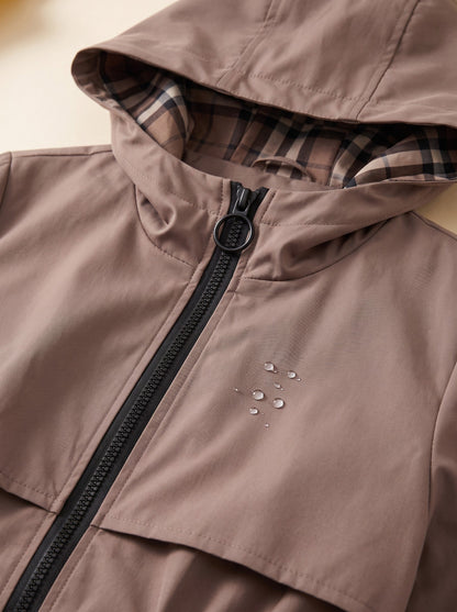 Women's Hooded Raincoat – Brown – check-lined hood detail