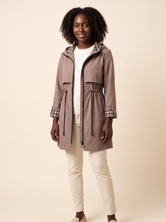 Women's Hooded Raincoat – Brown – model front