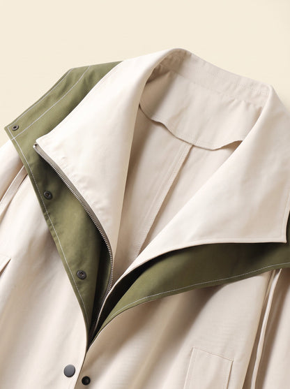 Women's Short Hooded Trench Coat – White – two-tone collar and zip detail