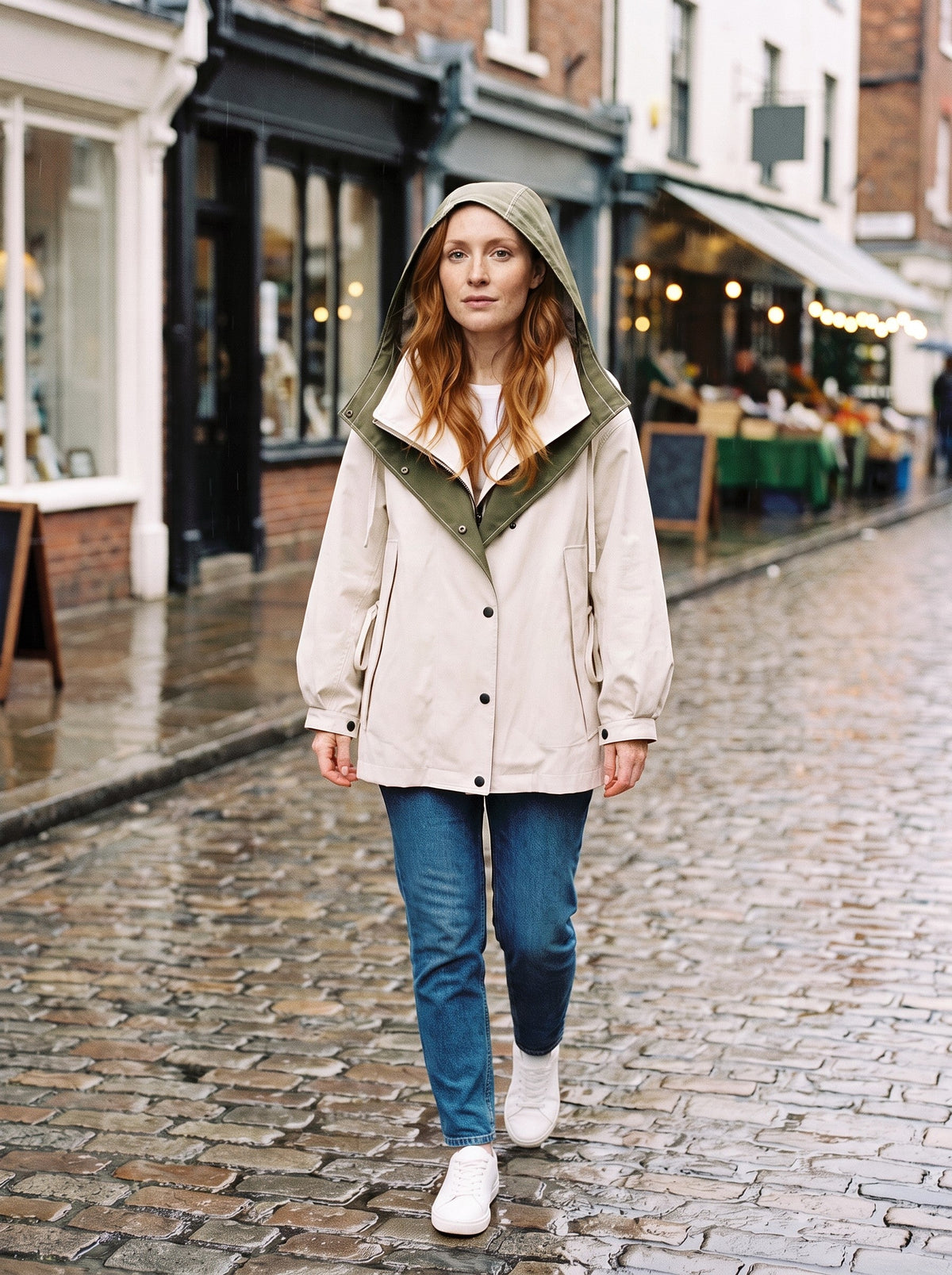 Women's Short Hooded Trench Coat – White – worn with hood up in the rain