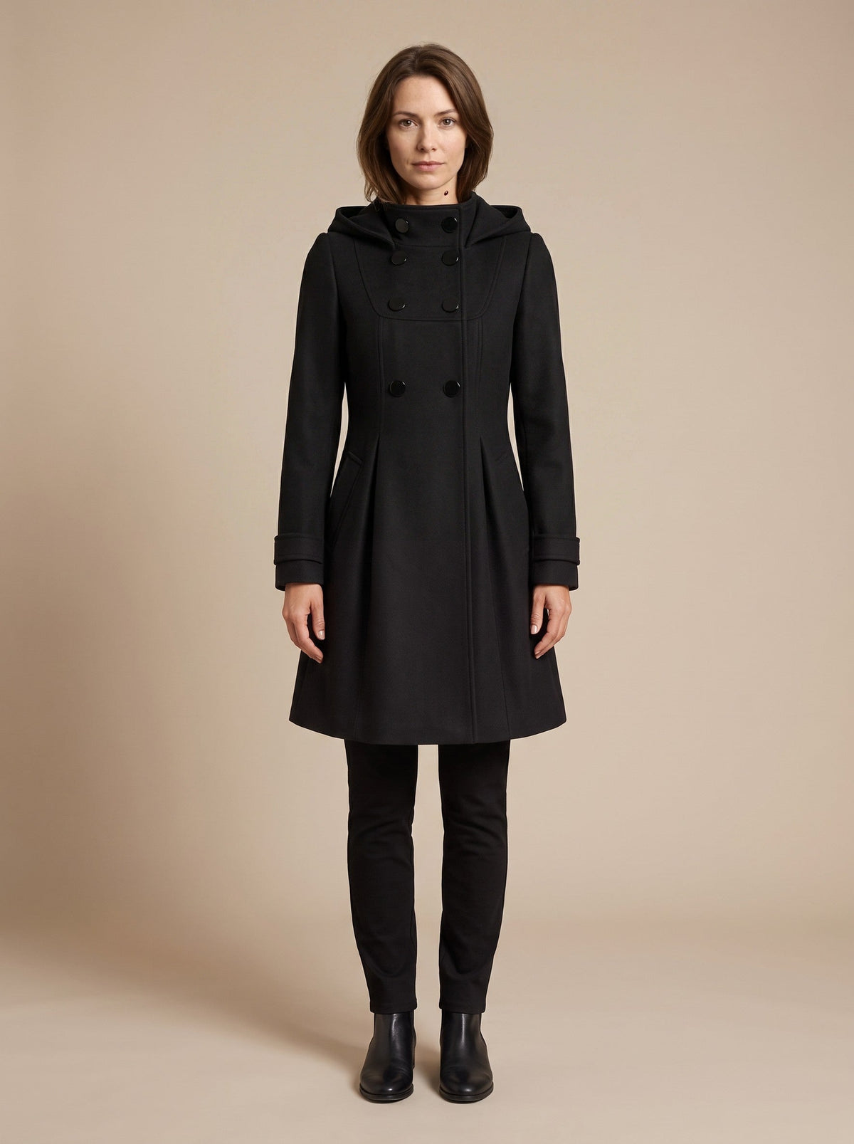 Women's Hooded Wool Blend Coat – Black – front