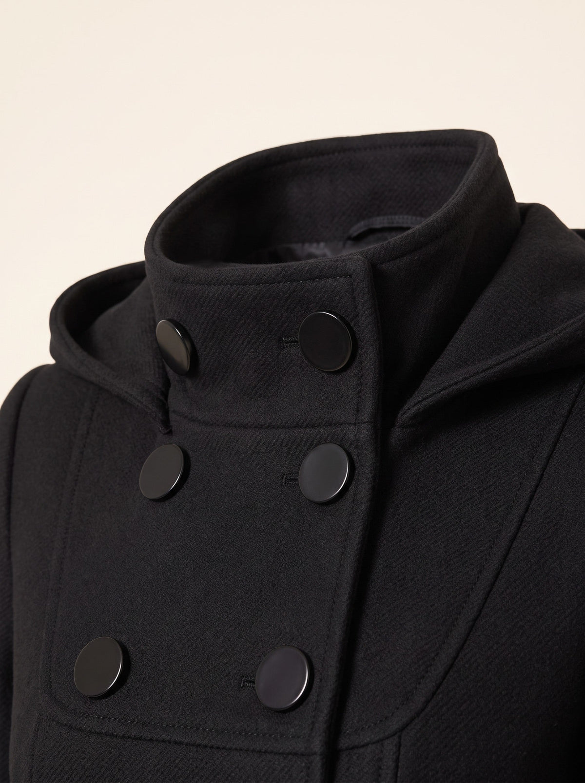Women's Hooded Wool Blend Coat – Black – hood and collar detail