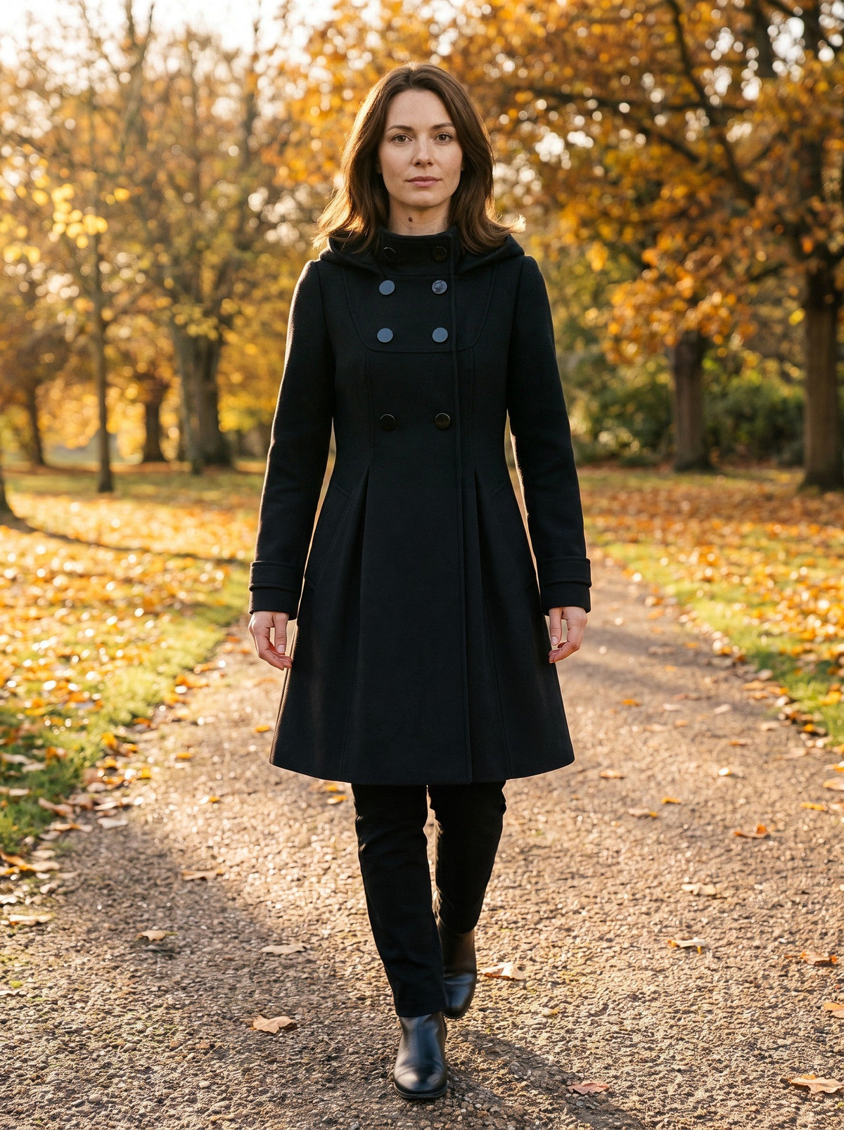 Women's Hooded Wool Blend Coat – Black – autumn park lifestyle