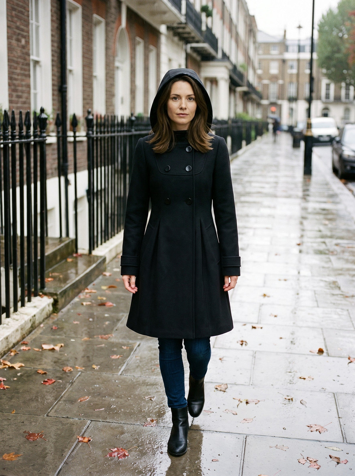 Women's Hooded Wool Blend Coat – Black – worn with hood up on a rainy street