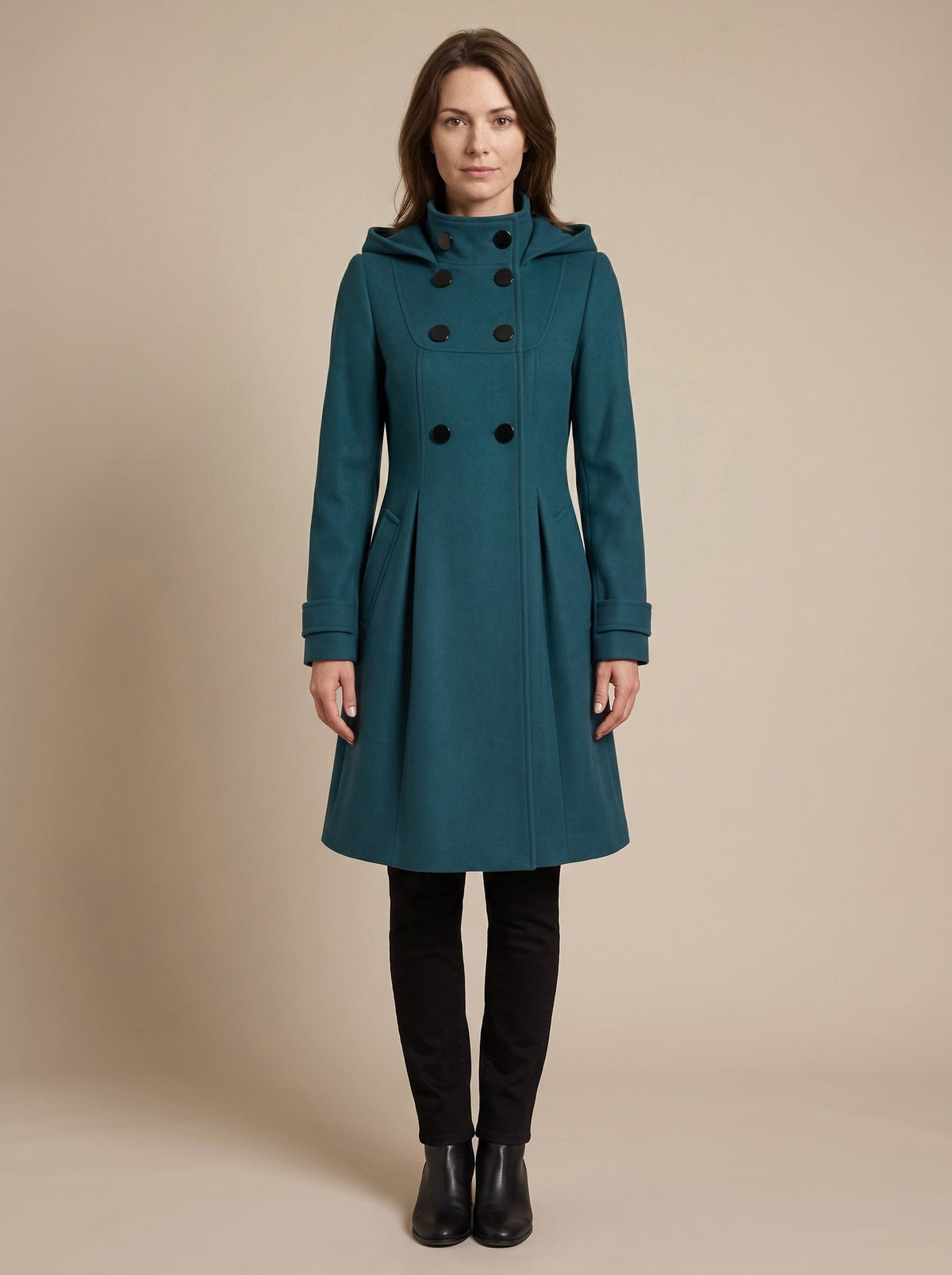 Women's Hooded Wool Blend Coat – Green – front
