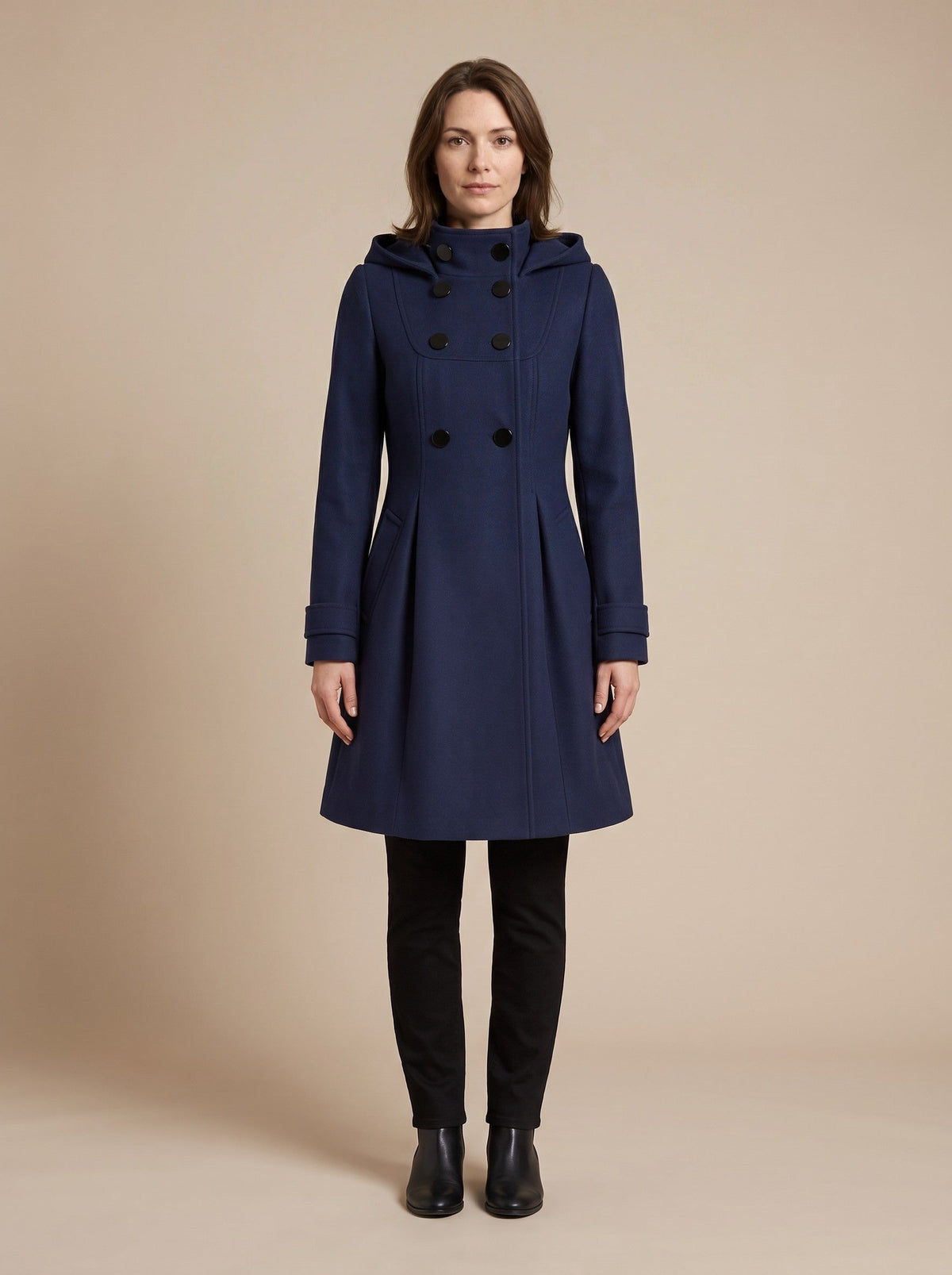 Women's Hooded Wool Blend Coat – Navy Blue – front