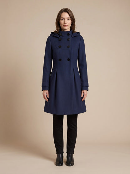 Women's Hooded Wool Blend Coat – Navy Blue – front