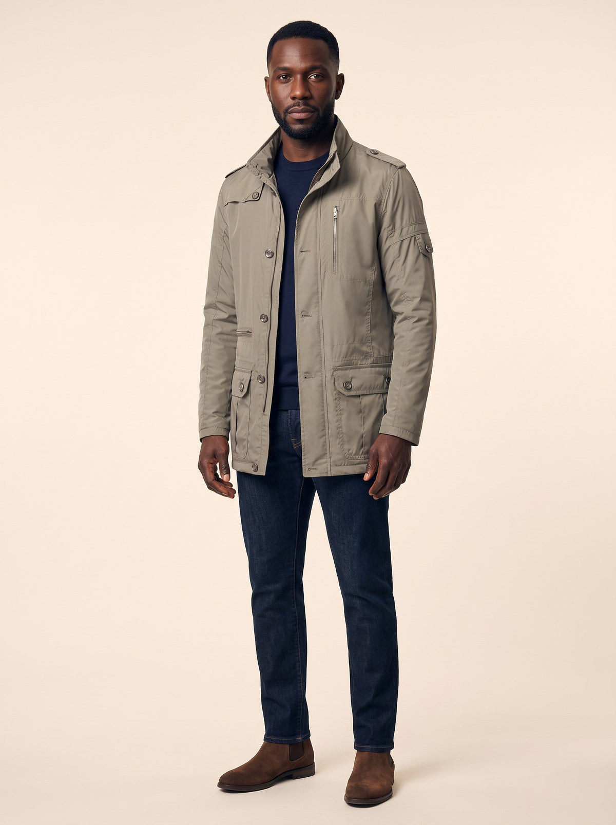 Men's Insulated Winter Coat – Beige – on model