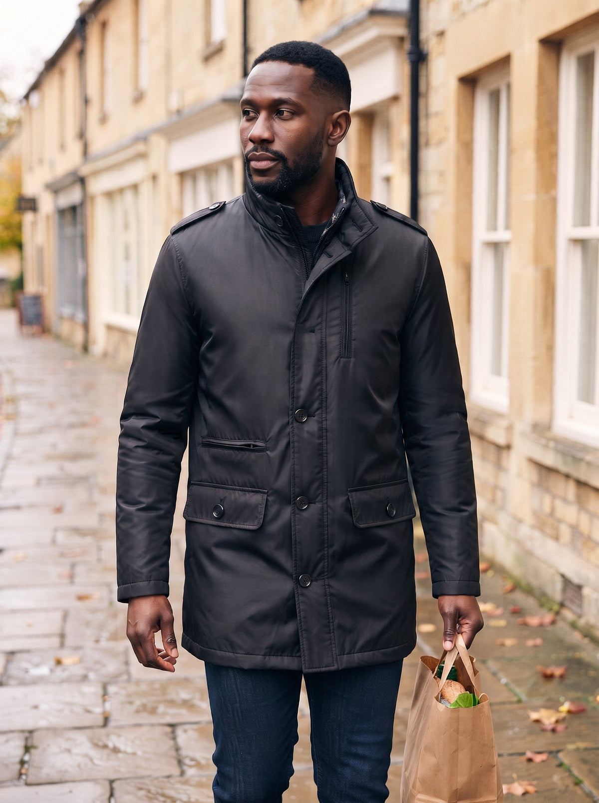 Men's Insulated Winter Coat – Black – worn on a market-town street