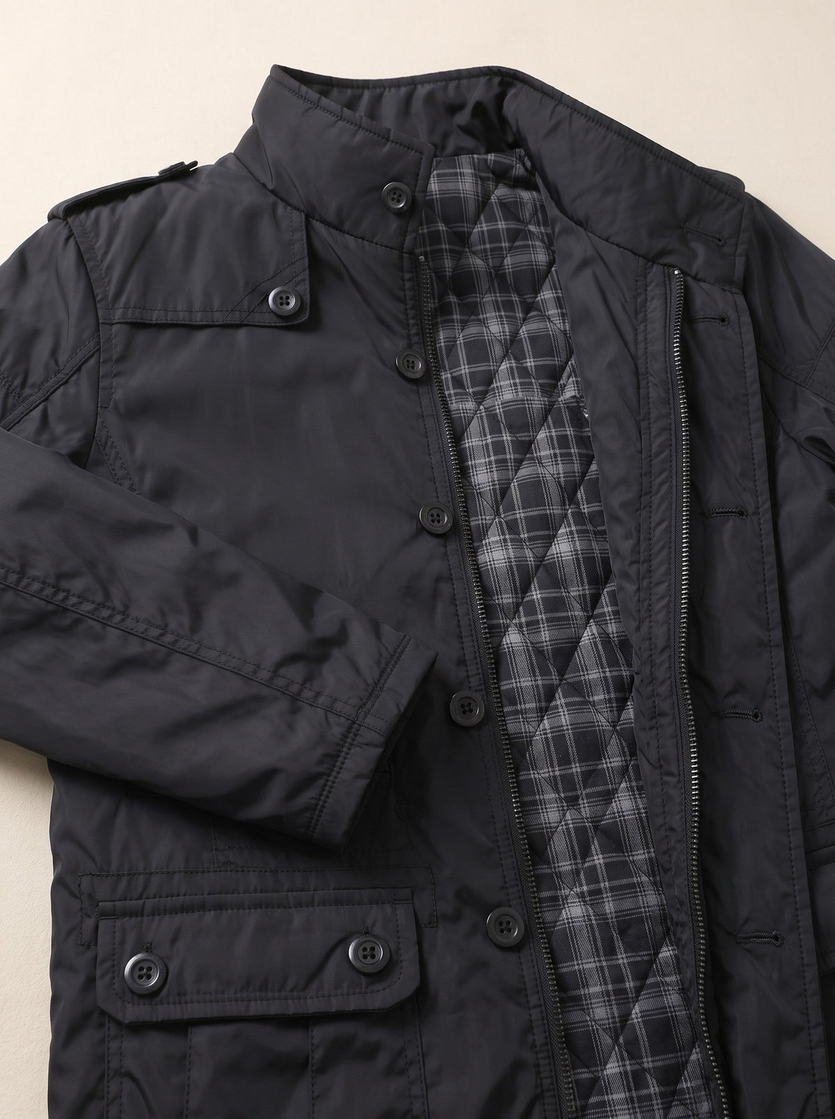 Men's Insulated Winter Coat – Black – quilted check lining and zip-and-button front detail