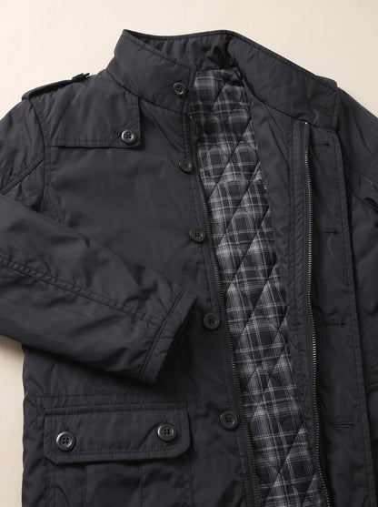 Men's Insulated Winter Coat – Black – quilted check lining and zip-and-button front detail