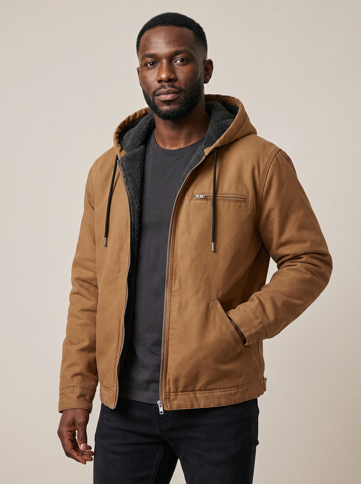 Men's Lightweight Jacket – Brown – worn, front view